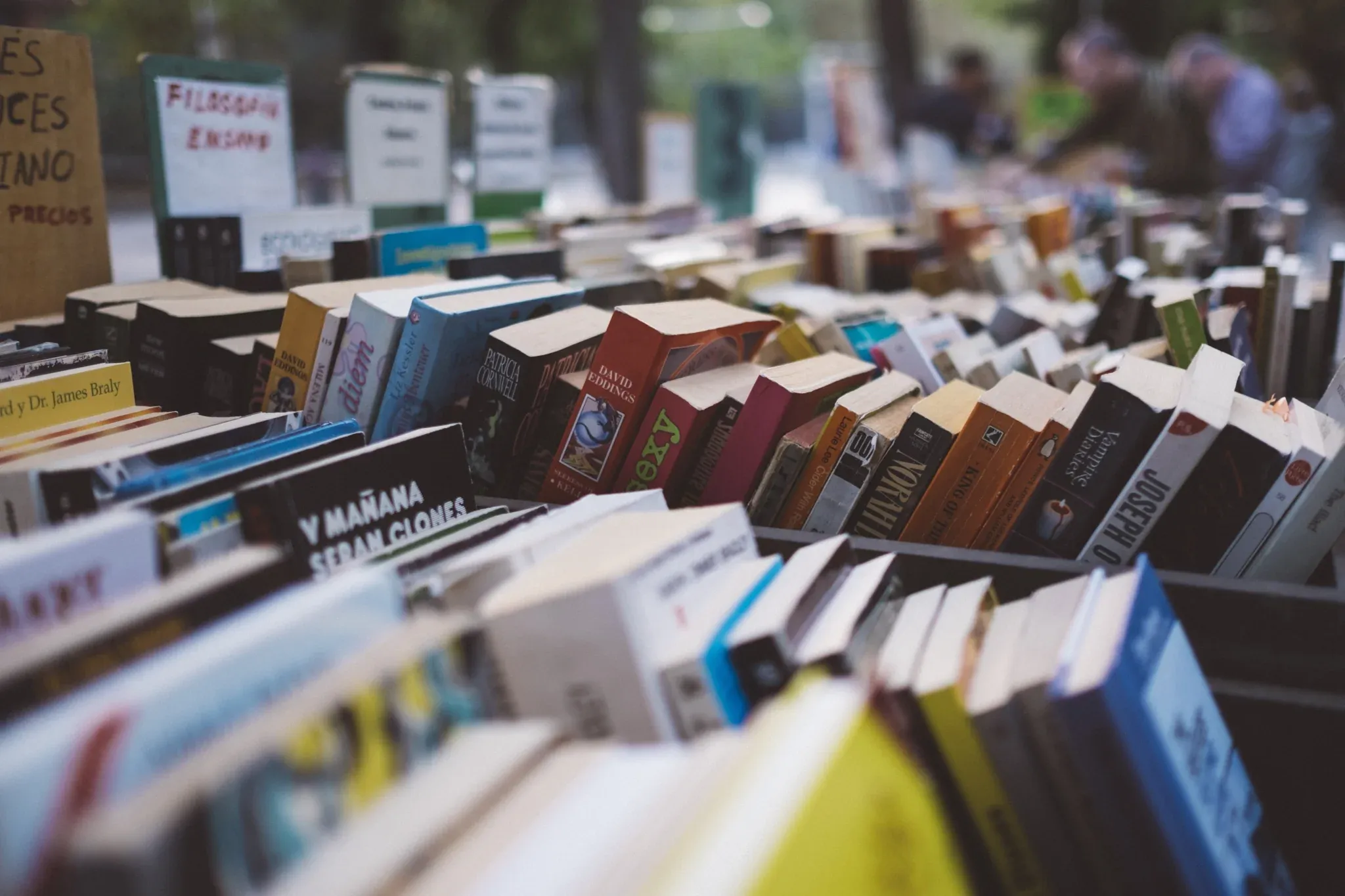 Rows of books displayed at an outdoor market.