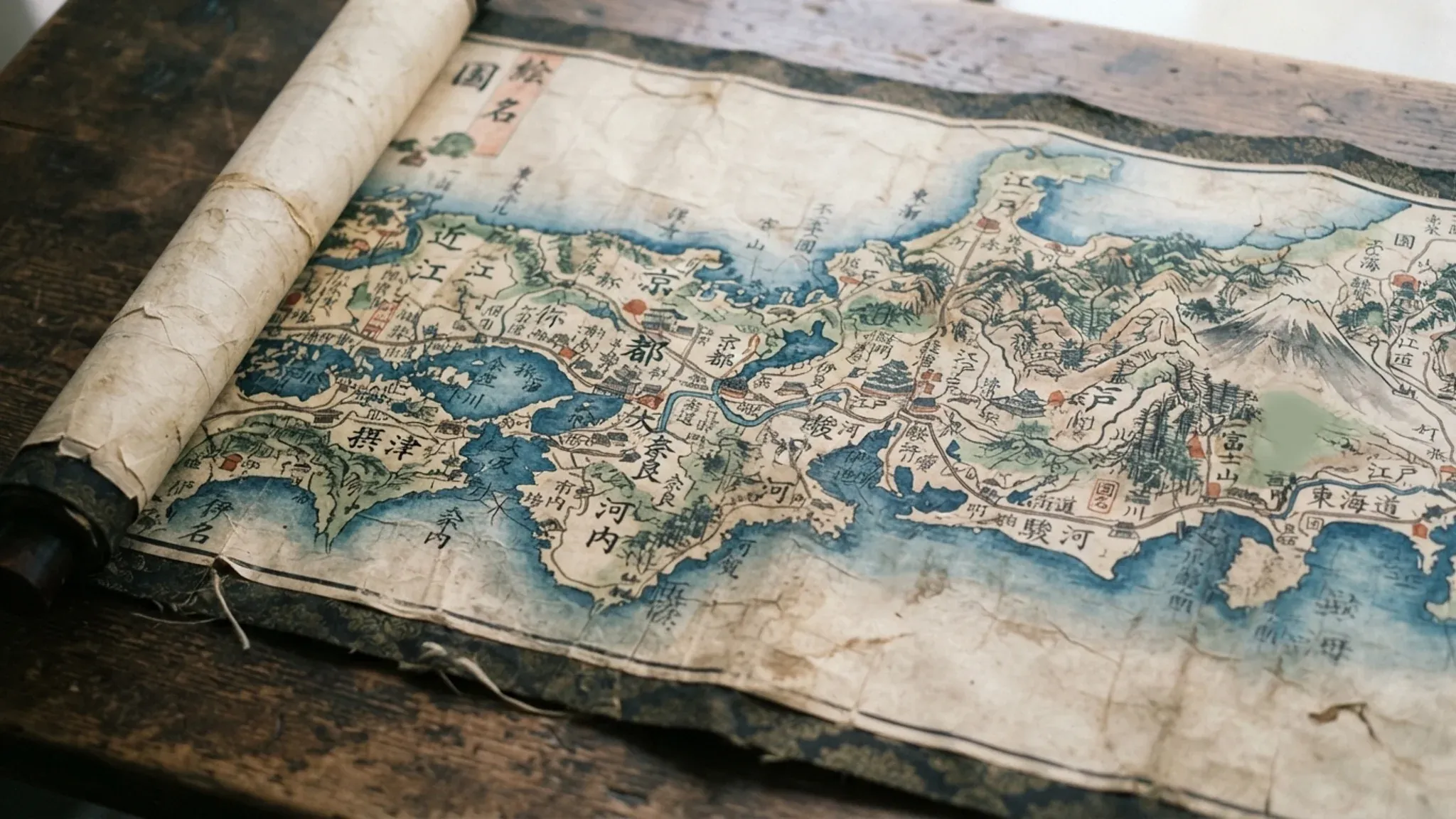日本の海岸線や地名が描かれた古い手書きの地図。古びた紙に描かれている。