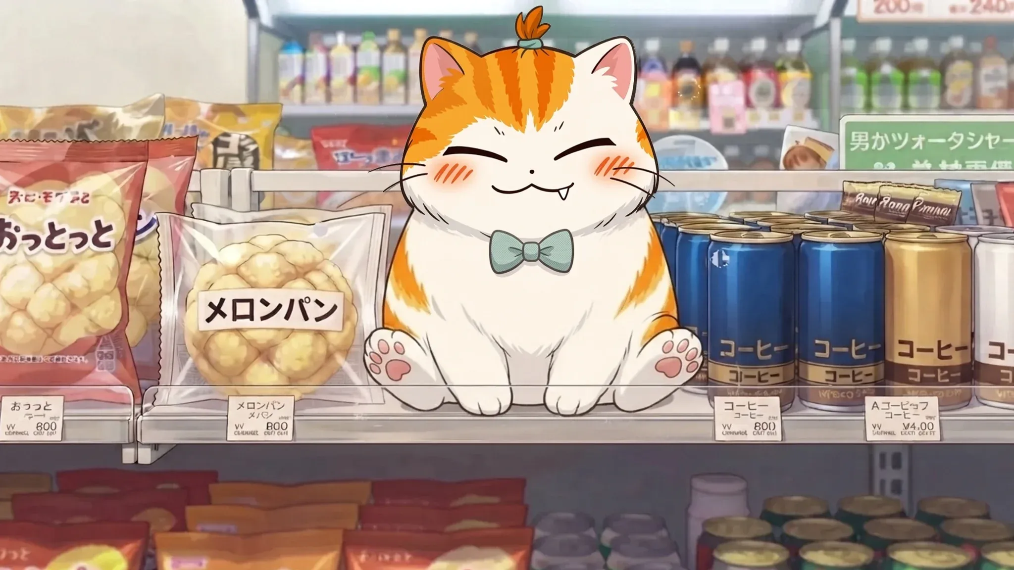 緑の蝶ネクタイをつけたオレンジ白の猫がメロンパンの隣で満足そうに座っている。