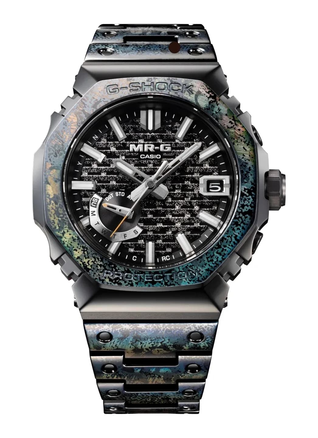 Front view of Casio’s MRG‑B2100HR‑1A watch showing its octagonal bezel with iridescent blue‑green tones and a detailed black dial.