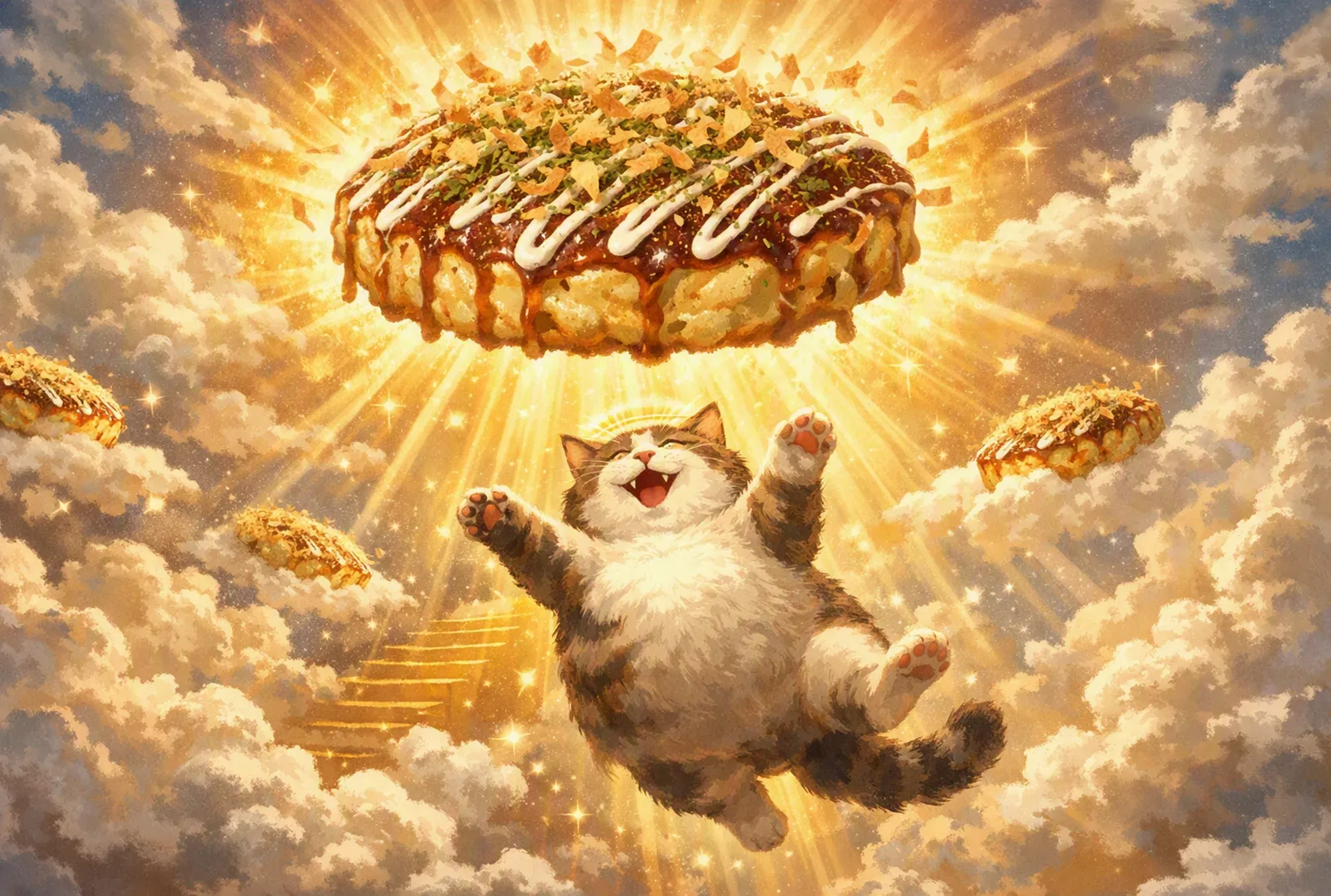 黄金の雲の中で、お好み焼きに手を伸ばすふわふわの猫。
