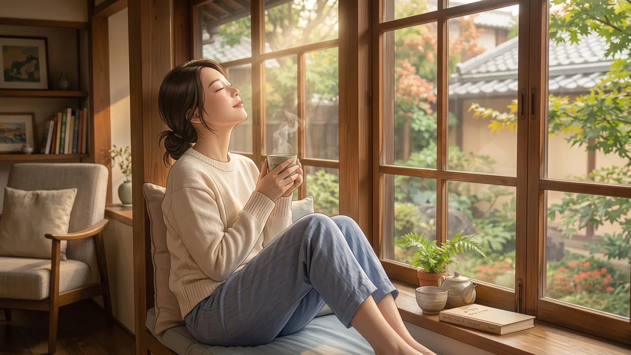 窓辺で温かい飲み物を味わう女性。