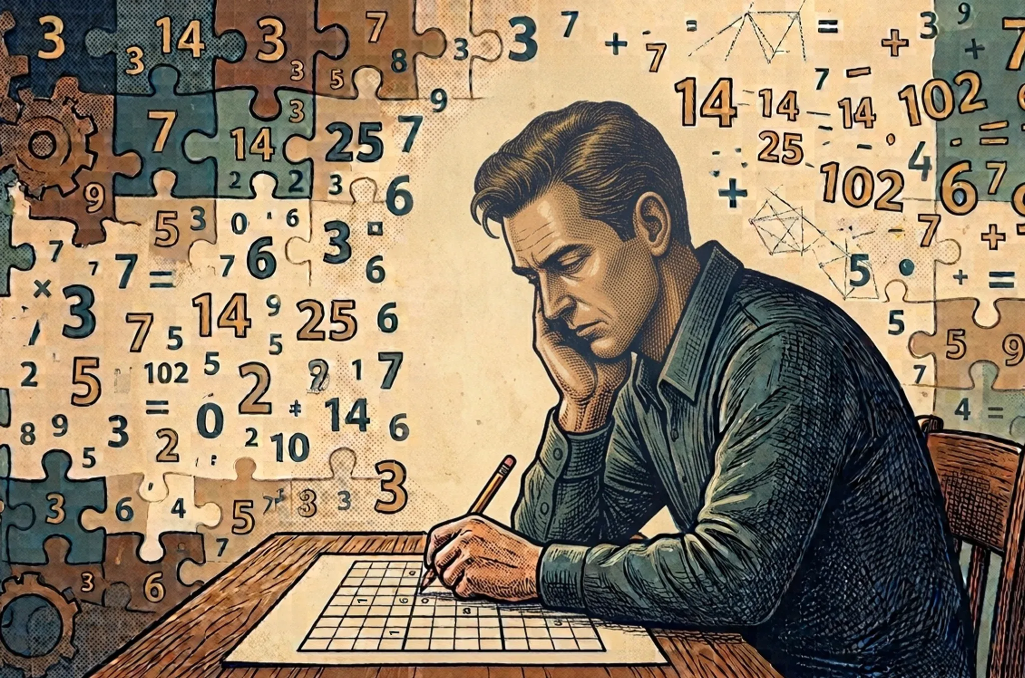 机でパズルを解く男性のイラスト。背景には数字とパズルのピースが描かれている。