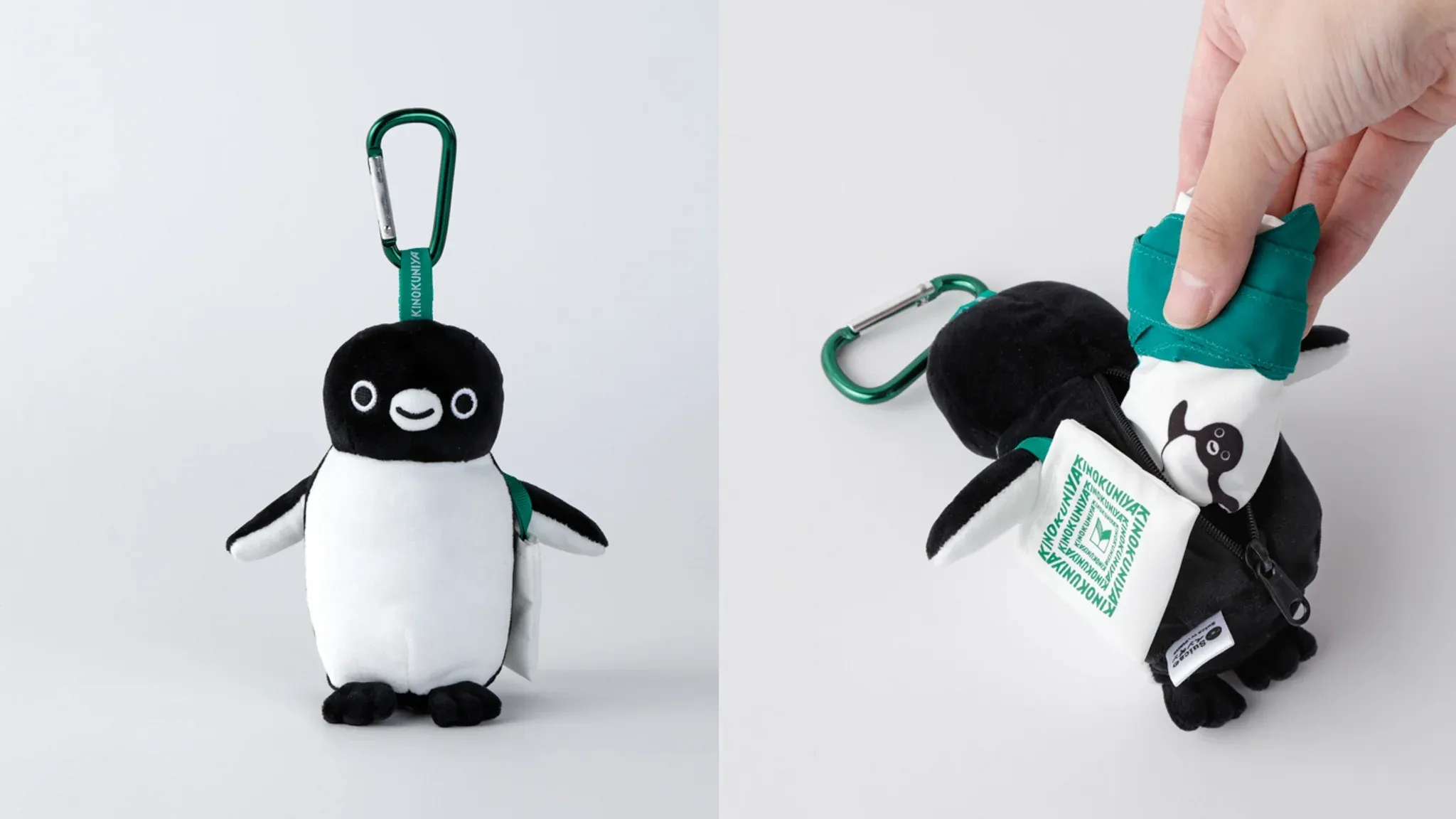緑のカラビナ付きスイカペンギンのマスコットバッグキーチェーン。